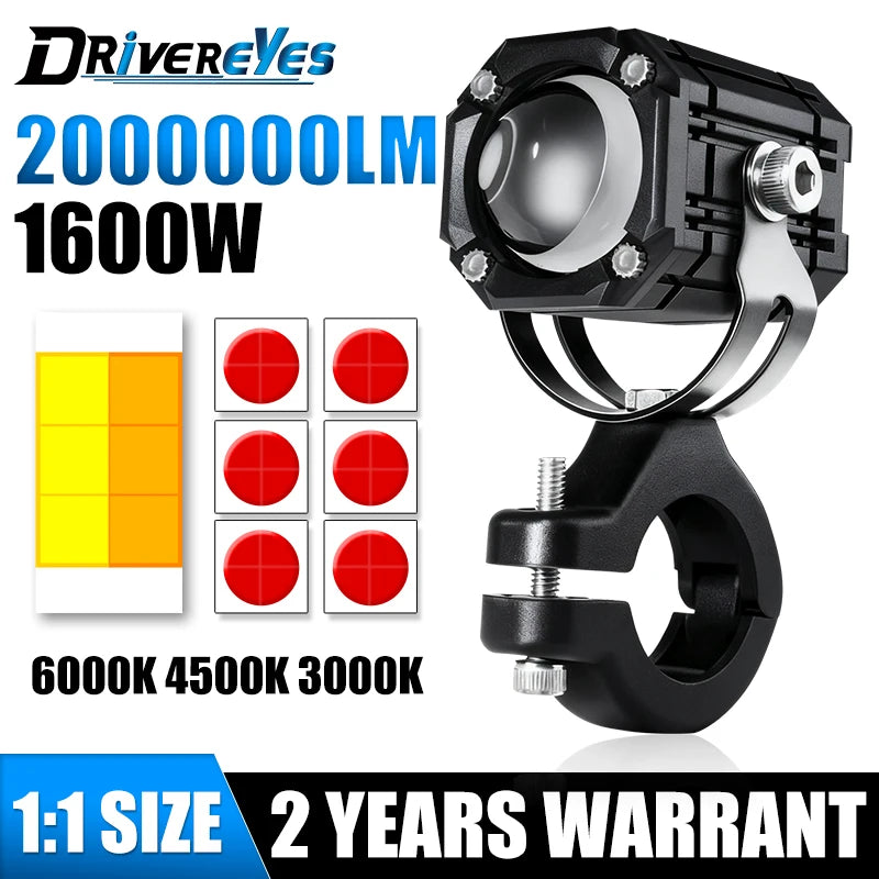 2pc Motorcycle Projection LED Headlight Lens Bi-color Auxiliary Spotlight Red Flashing War