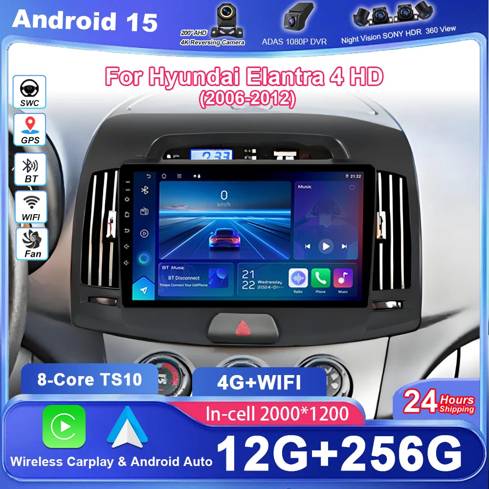 Android 15 Carplay Android Auto Radio Stereo For Hyundai Elantra 4 HD 2006 - 2012 Auto Mul