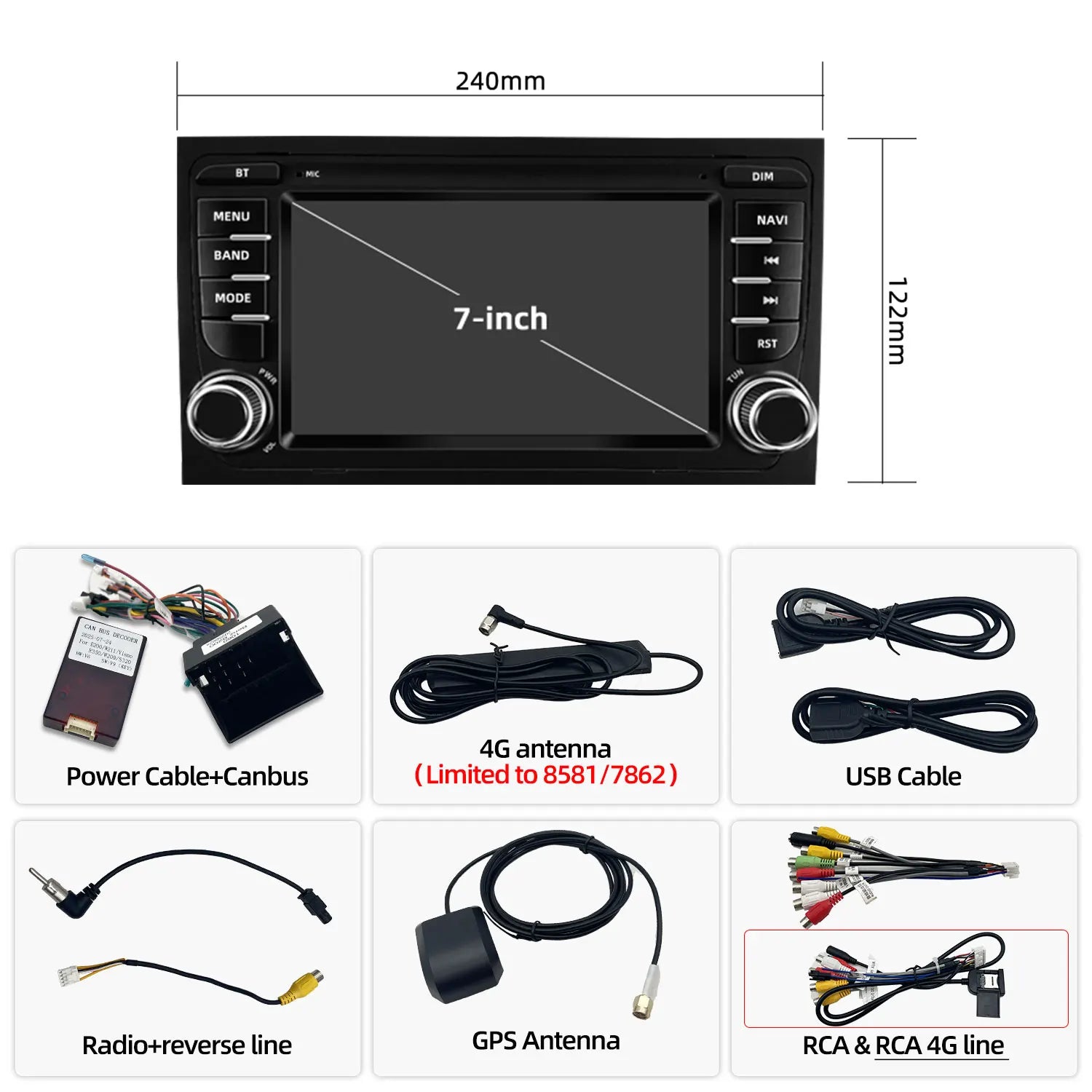 7 Inch Wireless CarPlay Android Multimedia Radio Display with GPS Antenna for Audi A4 B6 2