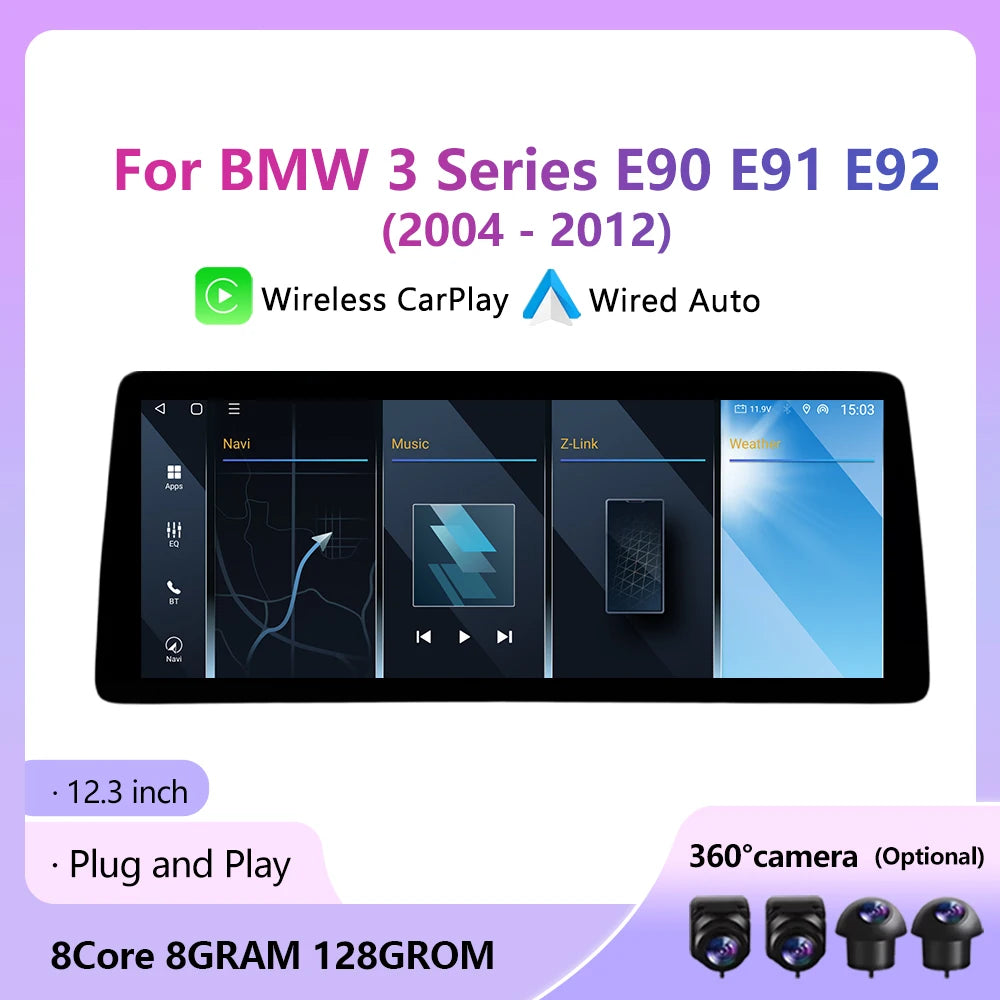 12.3inch Android16 Auto For BMW 3 Series E90 E91 E92 2004- 2012 Wireless Carplay GPS Multi