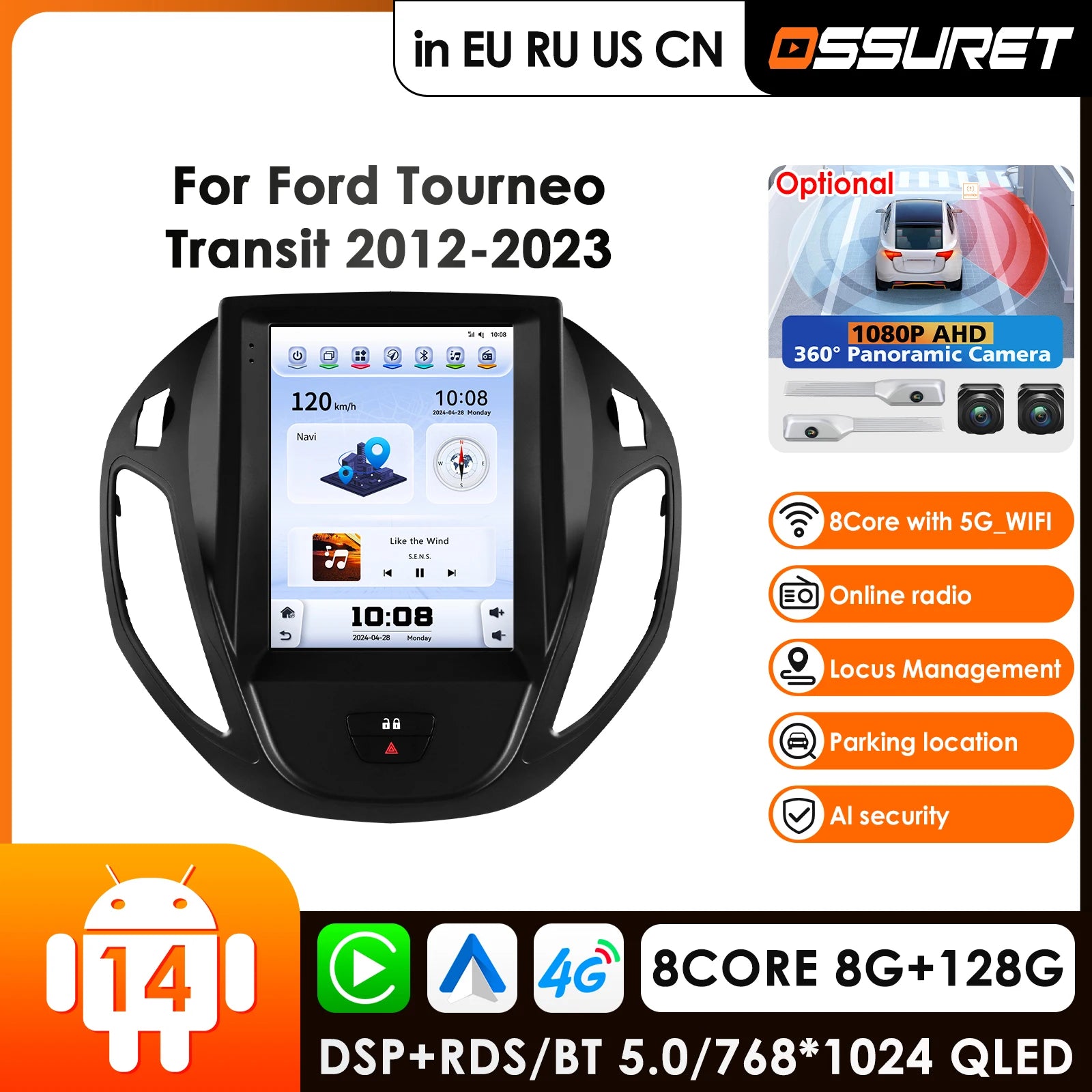 9.7" Android 14 Car Radio GPS for Ford Transit Tourneo 2012-2023 - 2Din 7862 Multimedia Player with Carplay