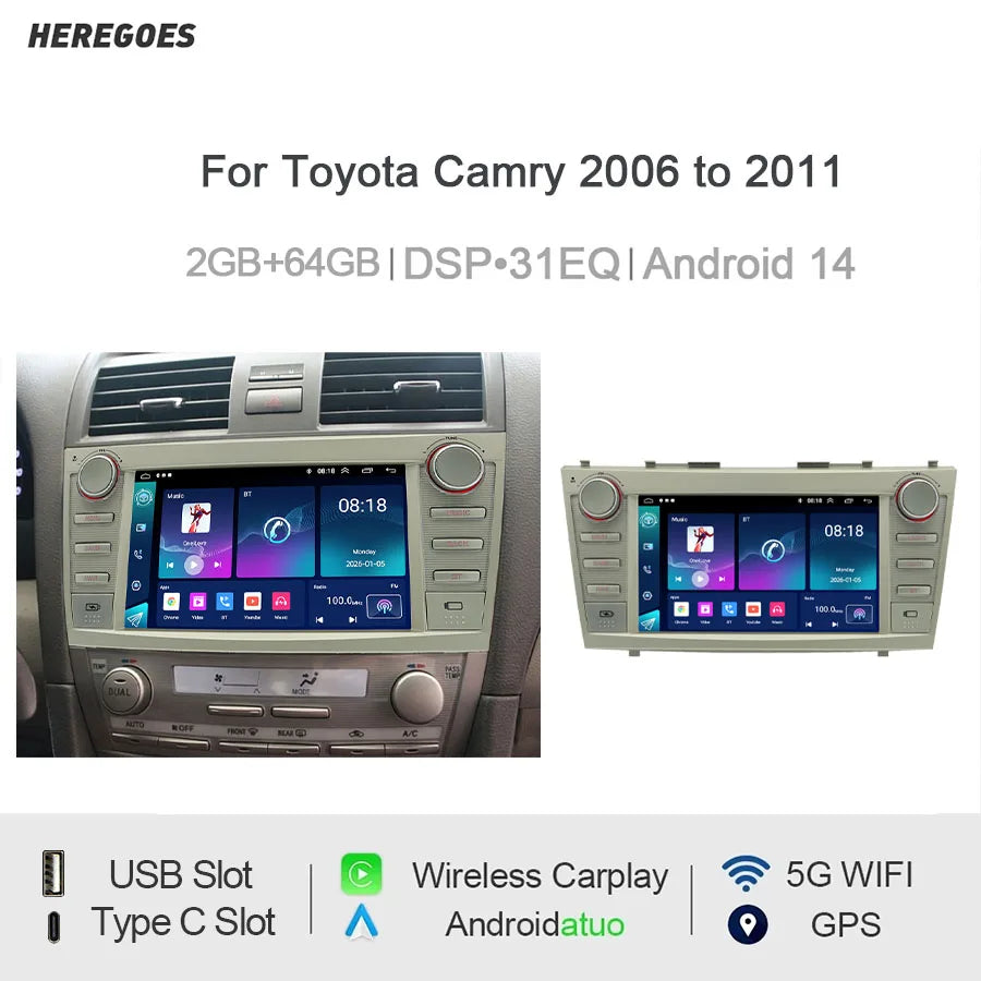 12.3" Car Radio GPS Android 14 Touch Screen with Wireless CarPlay Android Auto DSP WiFi BT Mirroring for Camry 2006-2011