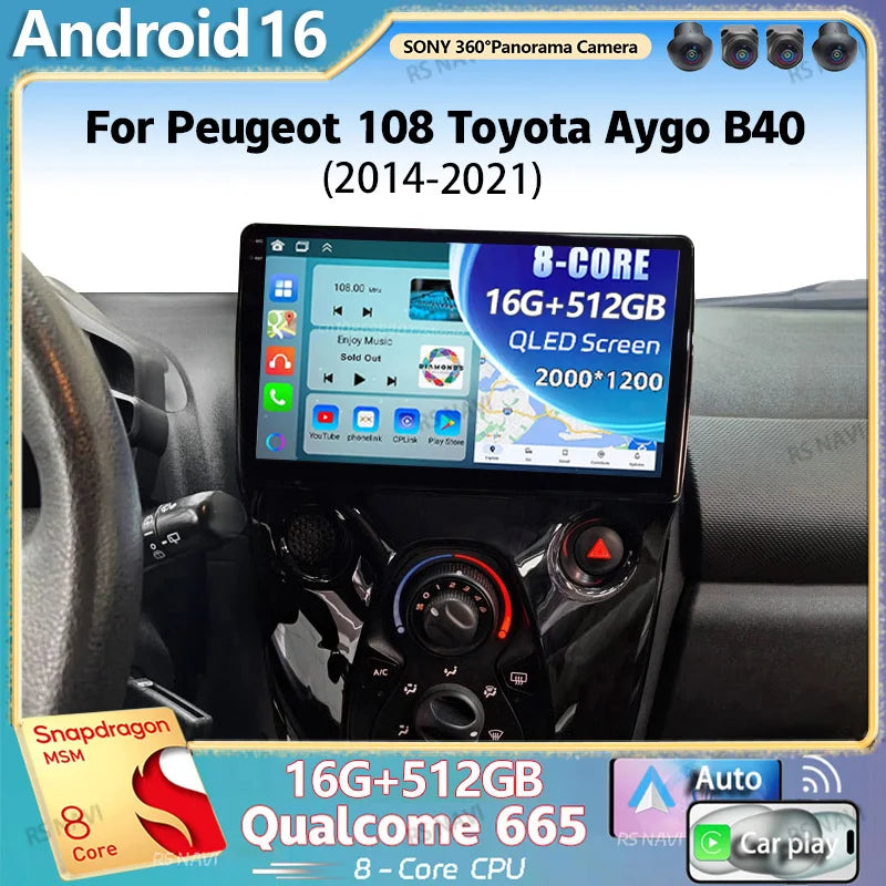 Android 16 For Peugeot 108 Toyota Aygo B40 2014 - 2021 2K QLED Stereo Car Radio Multimedia