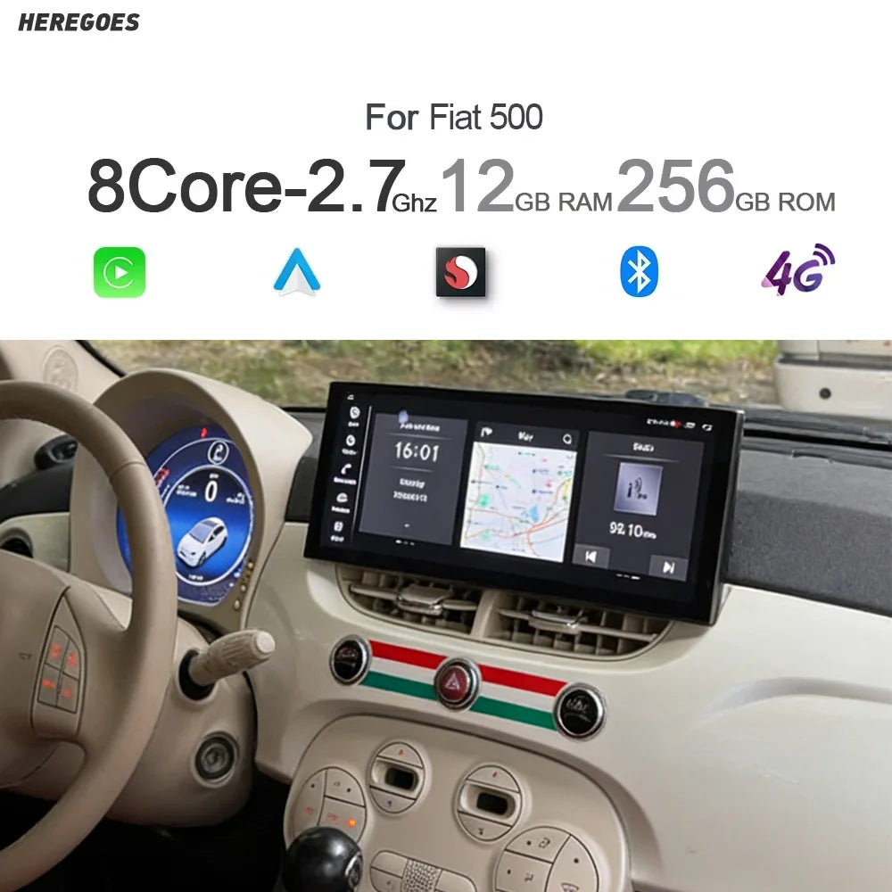 12.3" 1920x720 Wireless CarPlay IPS Car Radio GPS Navigation 8G+128G for Fiat 500 2 Din - Multimedia Player with WiFi