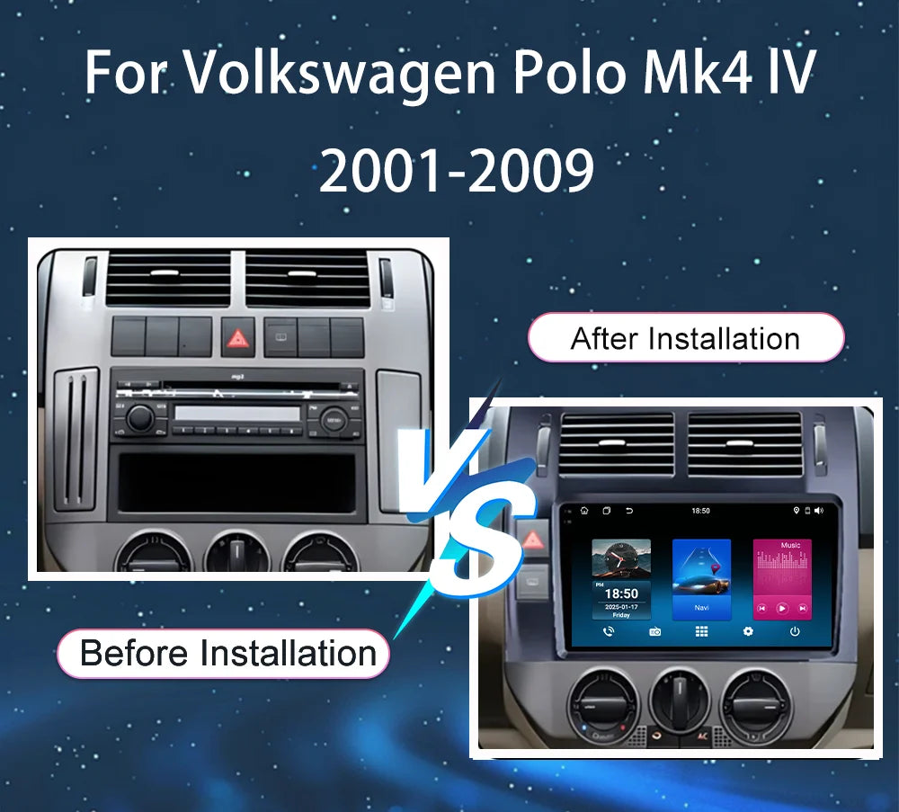 Android 15 Auto Radio For Volkswagen Polo Mk4 IV 2001-2009 Auto GPS Navigation Carplay Mul