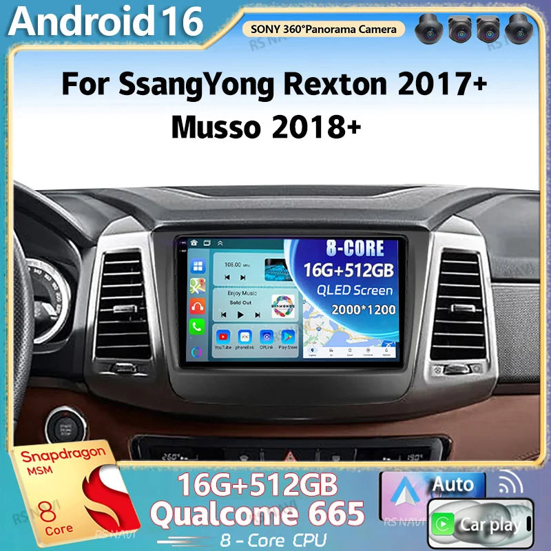 Android 16 For SsangYong Rexton 2017+ Musso 2018+ 2K QLED Android Car Radio Multimedia Vid
