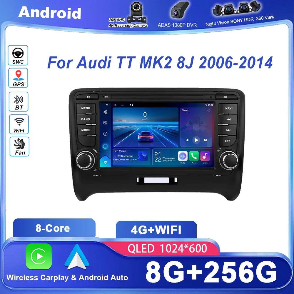 Android 14 Car Radio Stereo For Audi TT MK2 8J 2006 -2014 Auto GPS Navigation Multimedia V