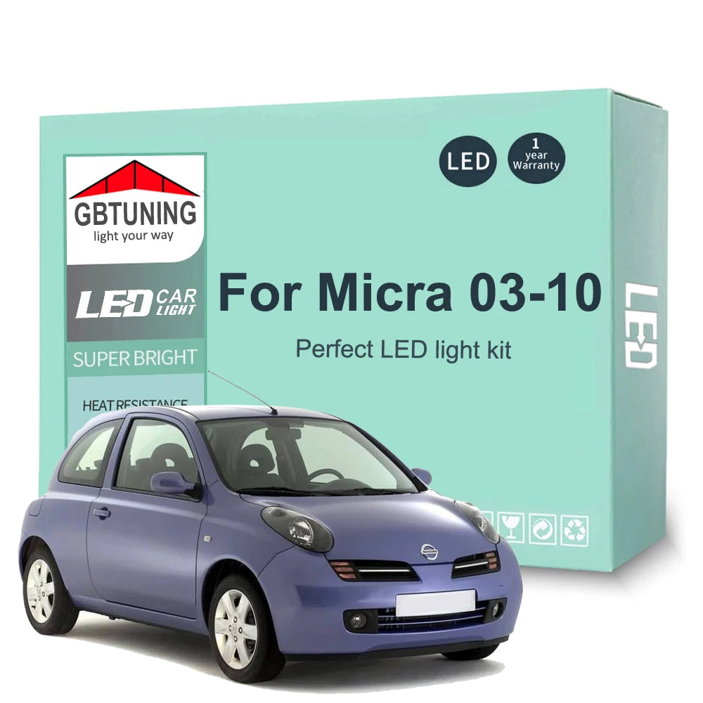 8-Piece LED Interior Light Kit for Nissan Micra K12 2003-2007 - Canbus Dome Map Door Trunk Bulbs | AUTOKITSHOP