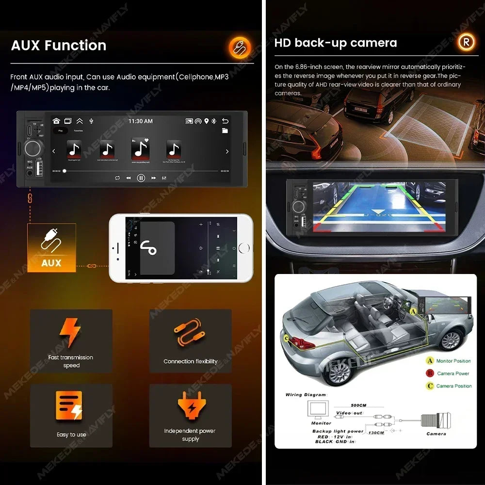 Android Universal 1din Car Multimedia Player 6.86inch HD Touch Screen FM Radio Support Wir | AUTOKITSHOP