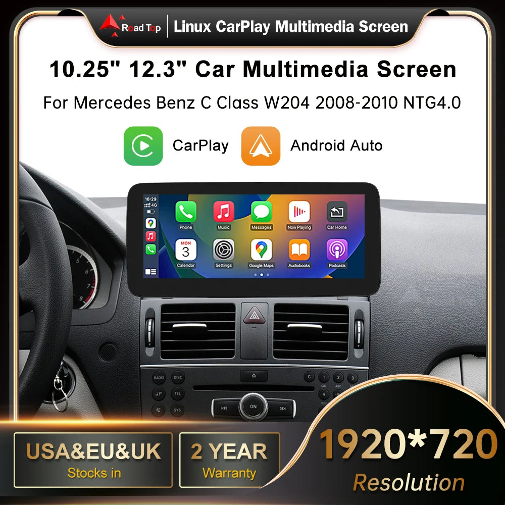 RoadTop Wireless CarPlay Android Auto Multimedia Display Linux Screen for Mercedes-Benz C