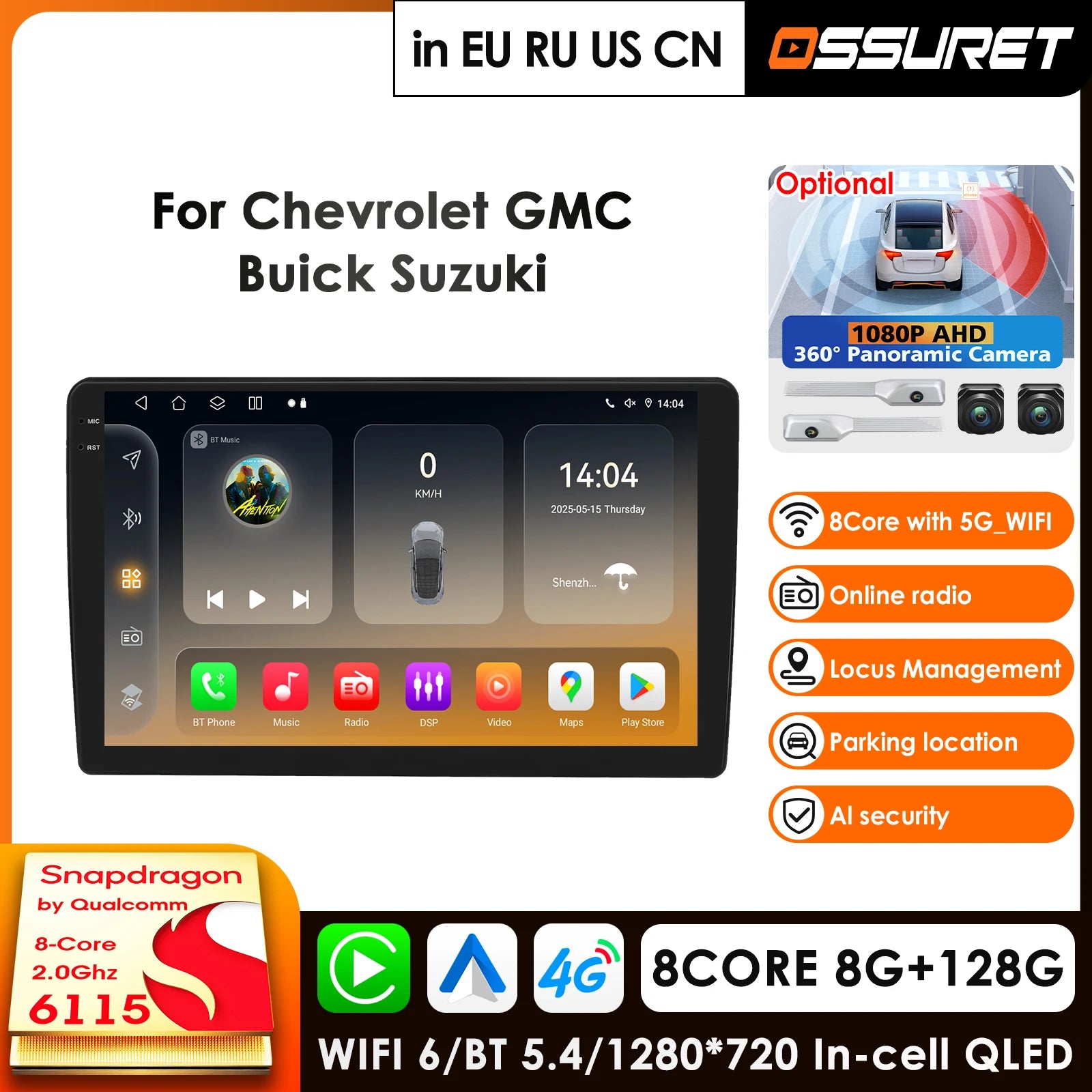 12.3" Snapdragon 8Core Android Auto Radio CarPlay 360 Panoramic Screen GPS for GMC Yukon Sierra Buick Enclave Chevrolet