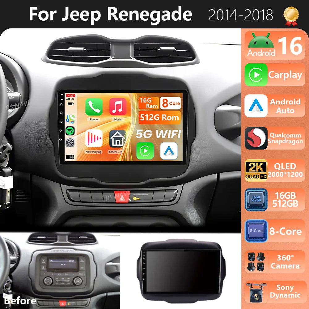 Plug and Play Android 16 For Jeep Renegade 2016 - 2020 2K QLED Android Car Radio Multimedi