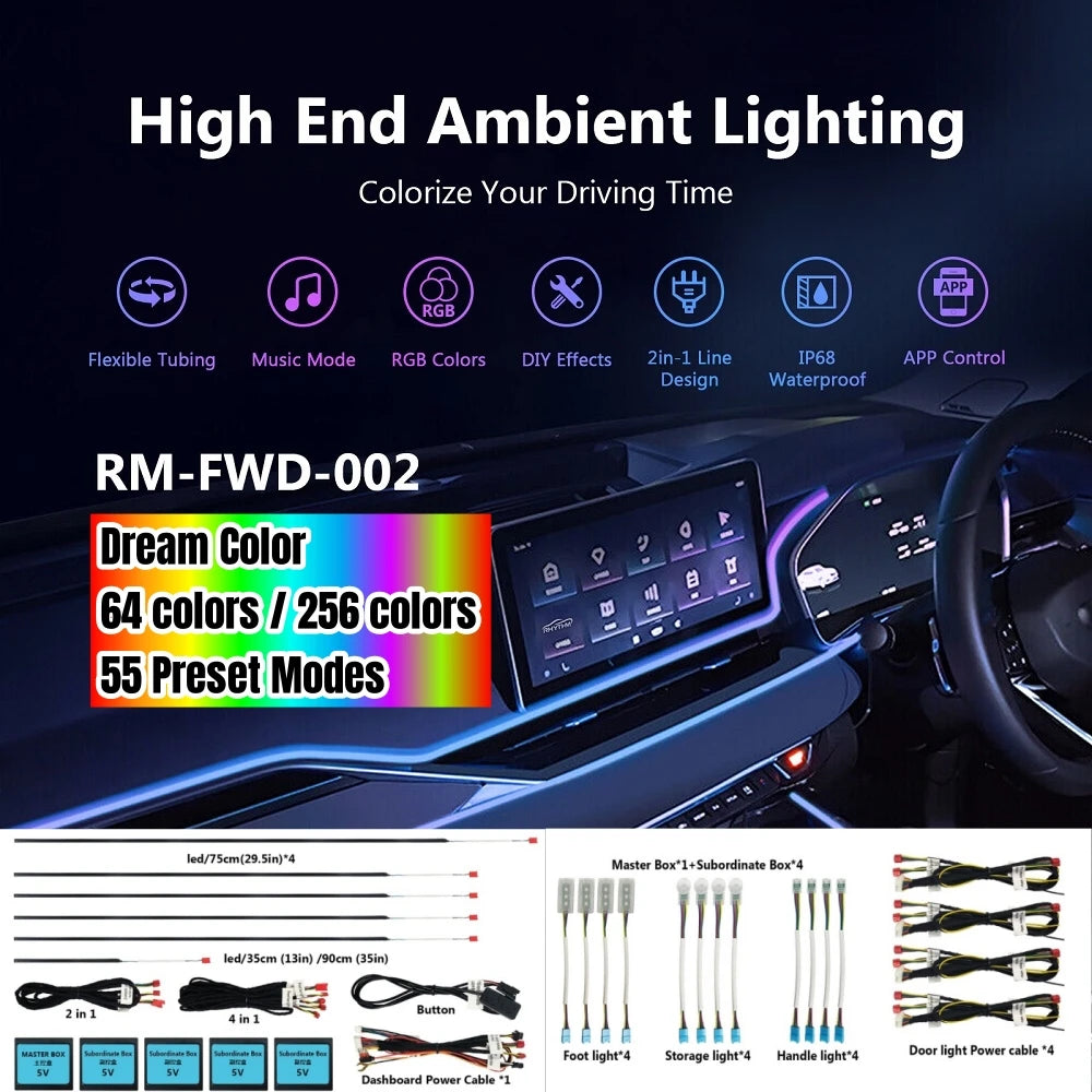 Universal Car Ambient Light Kit With Wireless APP Control 256 RGB Dream Color and 55 Prese | AUTOKITSHOP