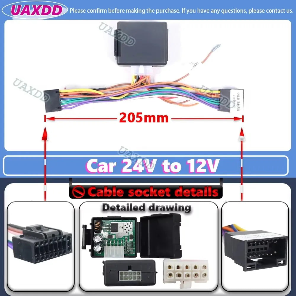 Car Rear View Harness 5A 24V to 12V 24V extended 16 pin cable Voltage Converter for Cars a