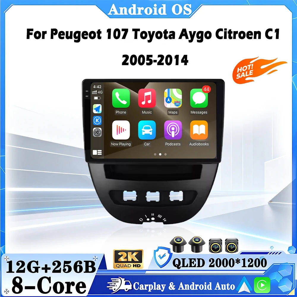 For Peugeot 107 Toyota Aygo Citroen C1 2005-2014 Car Multimedia Player Carplay QLED Screen