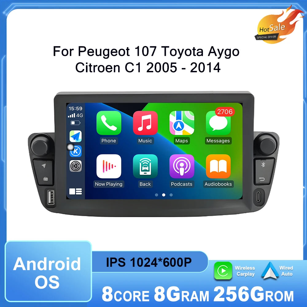 Car Radio for Peugeot 107 Toyota Aygo Citroen C1 2005 - 2014 Multimedia Player Android Aut