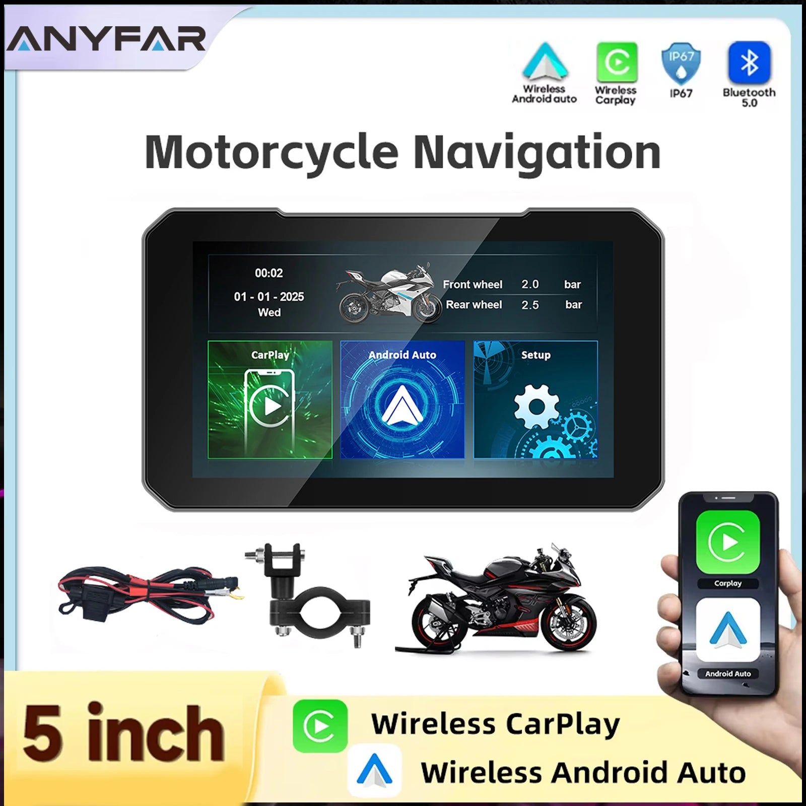 5 Inch Motorcycle GPS Navigation Wireless CarPlay Android Auto Multimedia Player Portable