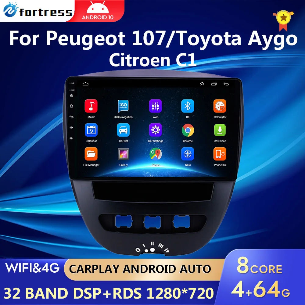Android 10 2 Din Car Multimedia Player For Peugeot 107 Toyota Aygo Citroen C1 2005-2014 He