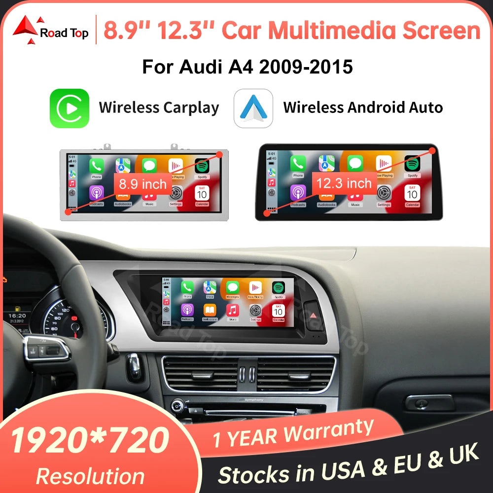RoadTop 1920*720 Wireless CarPlay Android Auto Multimedia Display Screen For Audi A4 2009- | AUTOKITSHOP