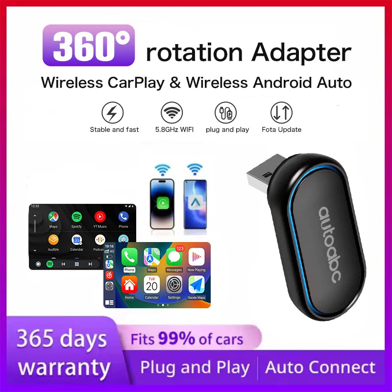 360 Degree Rotation Wireless CarPlay Android Auto Wireless Adapter Smart Mini Box Plug & P