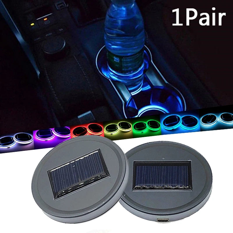 1 Pair 7 Colorful LED Light Cover Solar Charging Cup Holder Bottom Pad for Car SUV