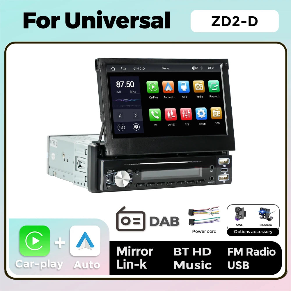 1 Din Car Radio with DAB Carplay Android Auto Multimedia Retractable 7'' HD Touch Screen F | AUTOKITSHOP
