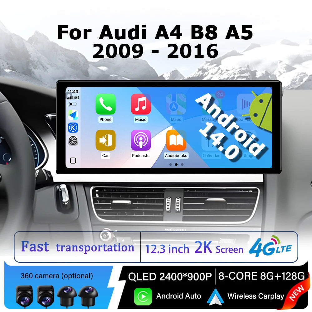 Android 14 QLED Touch Screen for Audi A4 B8 A5 2009 - 2016 Car Radio Multimedia Stereo Pla