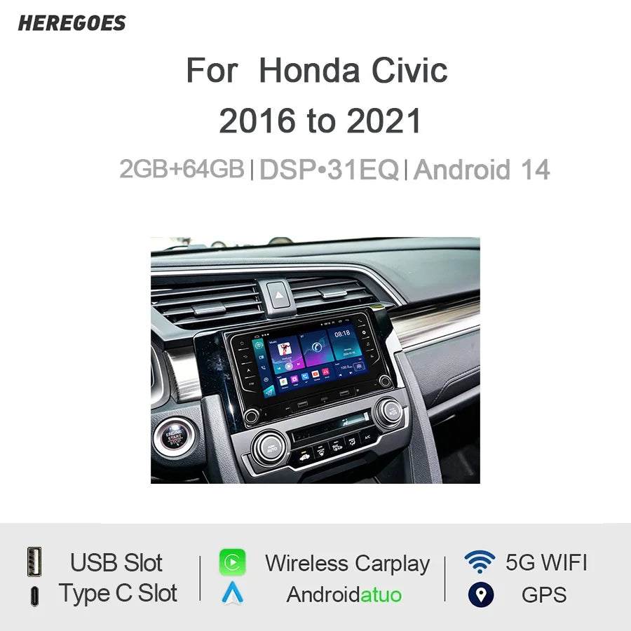 7" Android Car Radio Type-C Wireless CarPlay Android Auto GPS Navigation Bluetooth Steering Control for Honda Civic 2016