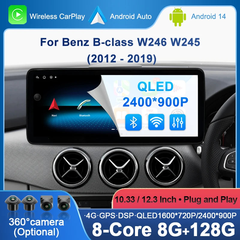 For Benz B-class W246 W245 2012 - 2019 Android14 DSP Stereo WiFi QLED Wireless CarPlay Car