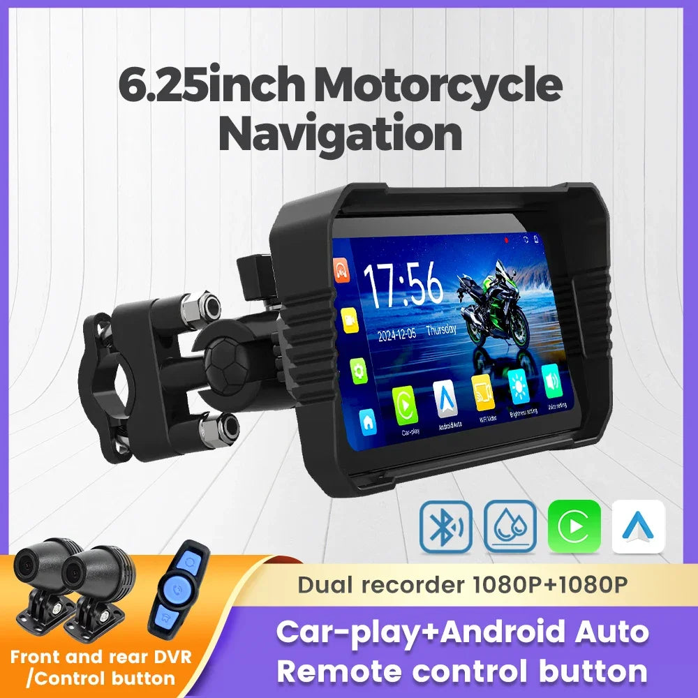 Portable 6.25inch Motorcycle GPS Navigation IP67 Moto Carplay Android Auto Front and Rear  | AUTOKITSHOP