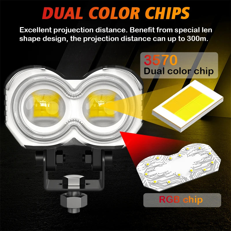 2/3 Lens Motorcycle LED Spotlight Headlight Flash Strobe Light 2 Lens Hi/Low Beam Driving