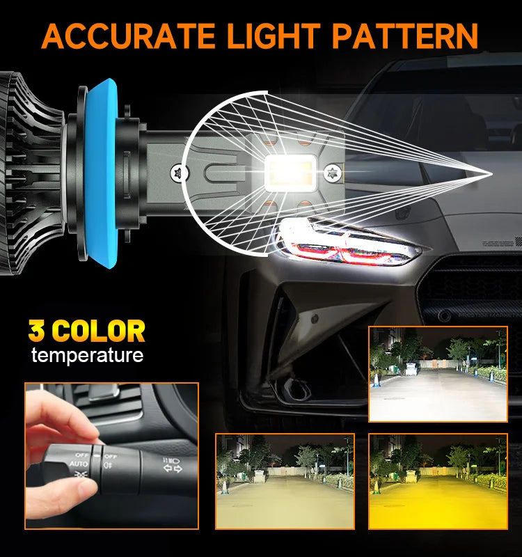 H4 LED H11 9005 HB3 9006 HB4 9012 H7 6000K 4300K 3000K LED Bulb Three Color One-Click Swit