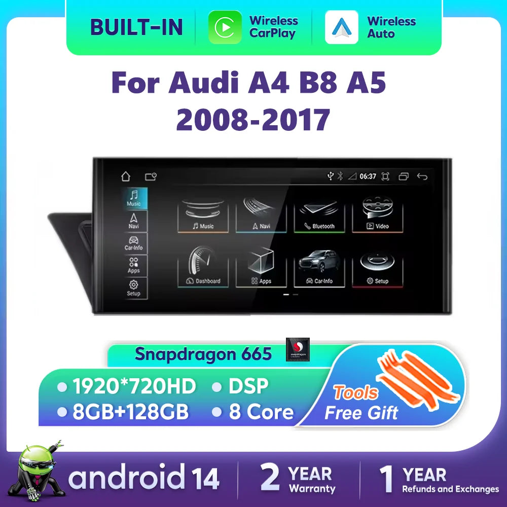 For Audi A4 B8 A5 2008-2017 MMI 2G 3G Android 14 Wireless Carplay Auto Radio Screen Car Mu
