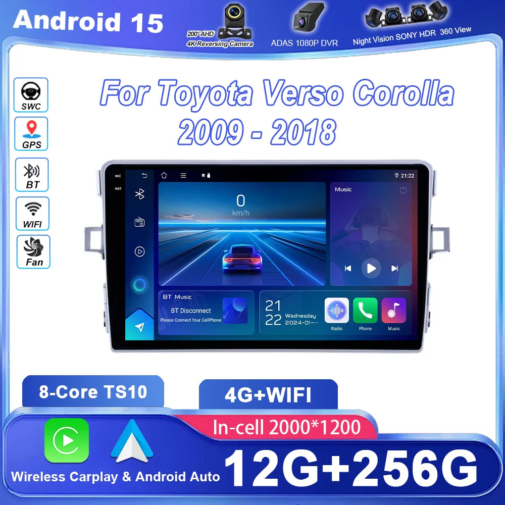 Android 15 Carplay For Toyota Verso R20 2009-2018 Auto Radio Multimidia Player GPS Navigat