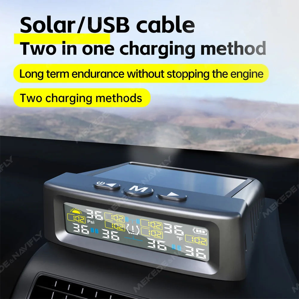 6-Wheel Car TPMS USB/Solar Tire Pressure Monitoring Solar Tyre Temperature Air Leakage Ala | AUTOKITSHOP