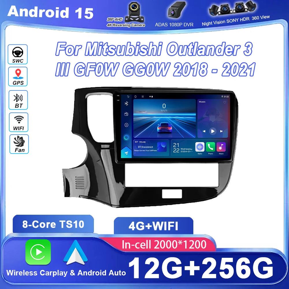 Android 15 Car DVD For Mitsubishi Outlander 3 III GF0W GG0W 2018 -2021 Auto Radio Navigati