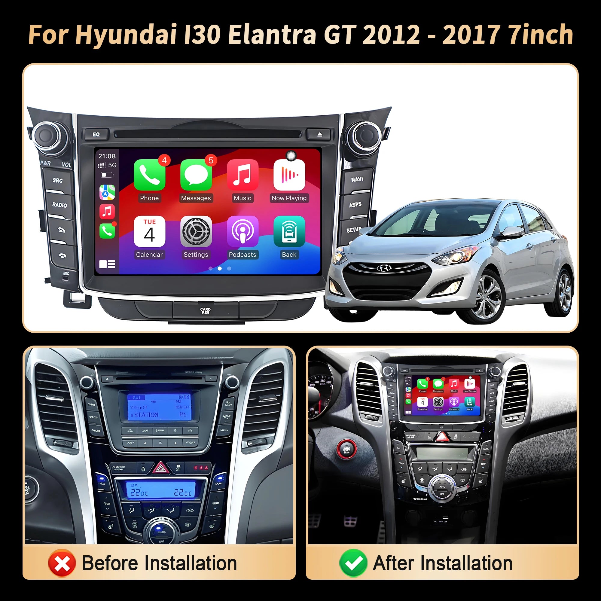 7 inch Android 14 Car Radio For Hyundai I30 Elantra GT 2012 2013 2014 2015 2016 2017 Wirel