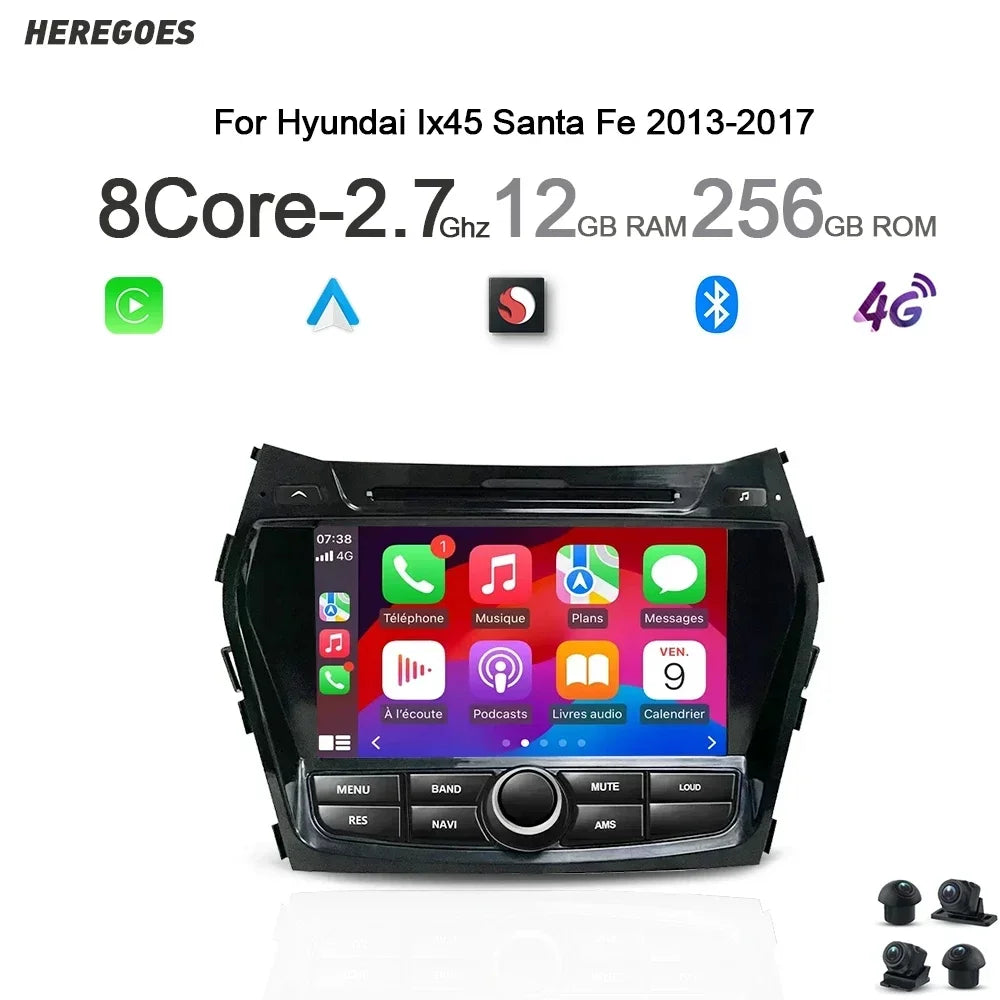 8" Android 13 Car Radio GPS Navigation Stereo 12G+256GB WiFi Bluetooth for Hyundai Santa Fe 2013-2017 - 4G LTE Carplay S
