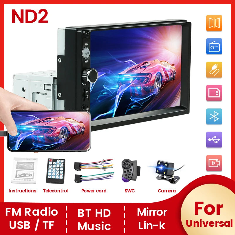 ND2 Universal 1Din Car Radio Stereo Mirror Link 7inch HD Touch Screen Multimedia Player BT | AUTOKITSHOP