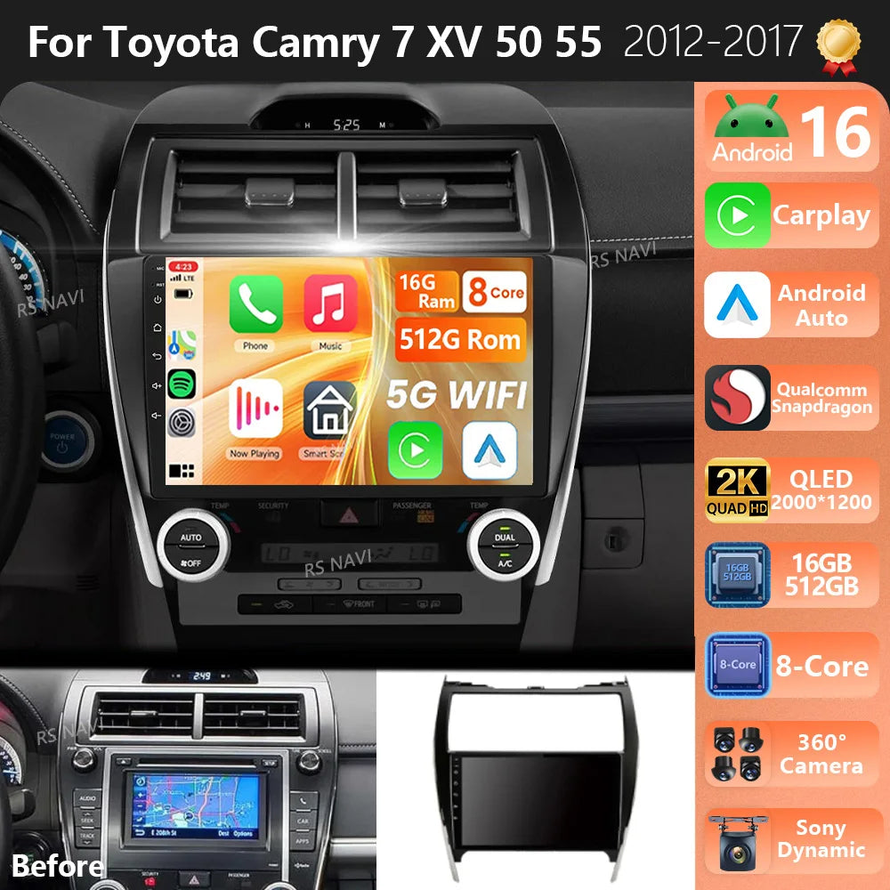 Plug and Play Android 16 For Toyota Camry US 2012 - 2014 2K QLED Android Car Radio Multime