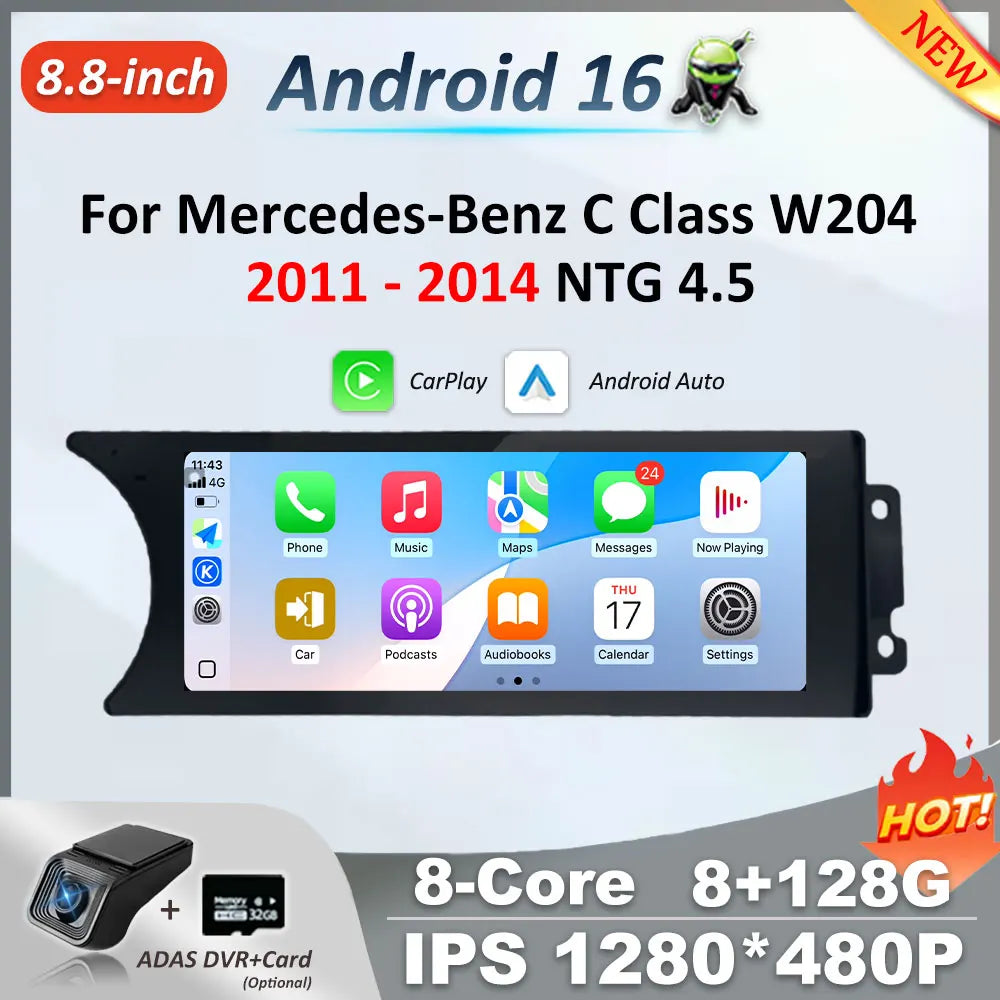Android 16 Car GPS Navi Player 8.8" For Mercedes Benz C Class W204 S204 2011 - 2015 WIFI C