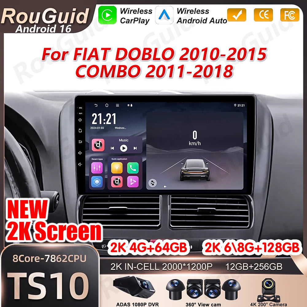 Android 16 Carplay For FIAT DOBLO COMBO 2010 2011 2012 - 2018 5G Wifi Multimedia Player DS | AUTOKITSHOP