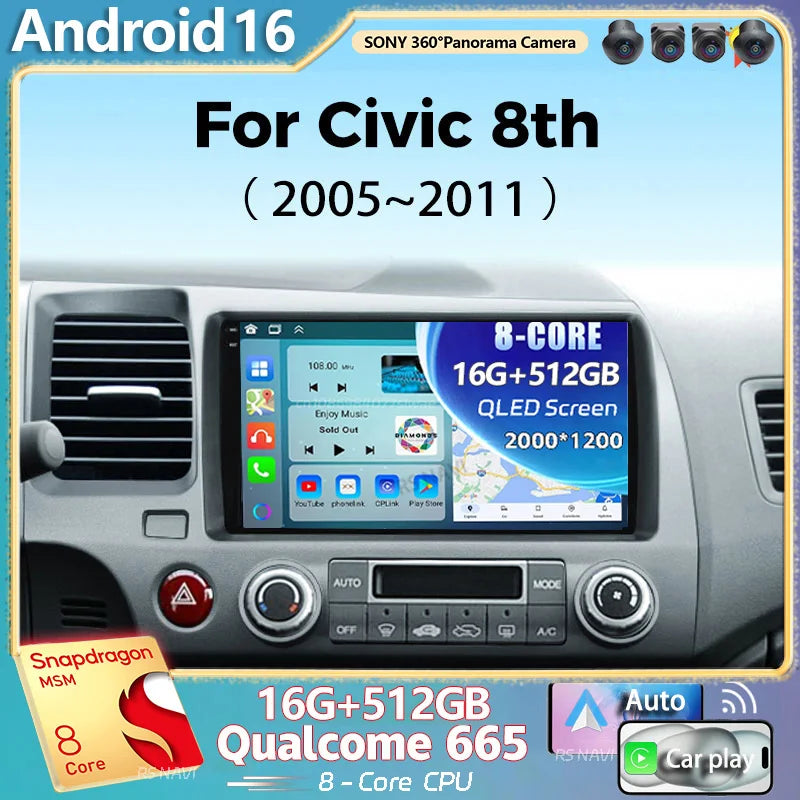 Android 16 For Honda Civic 8th 2005-2011 2K QLED Android Car Radio Multimedia Video Player