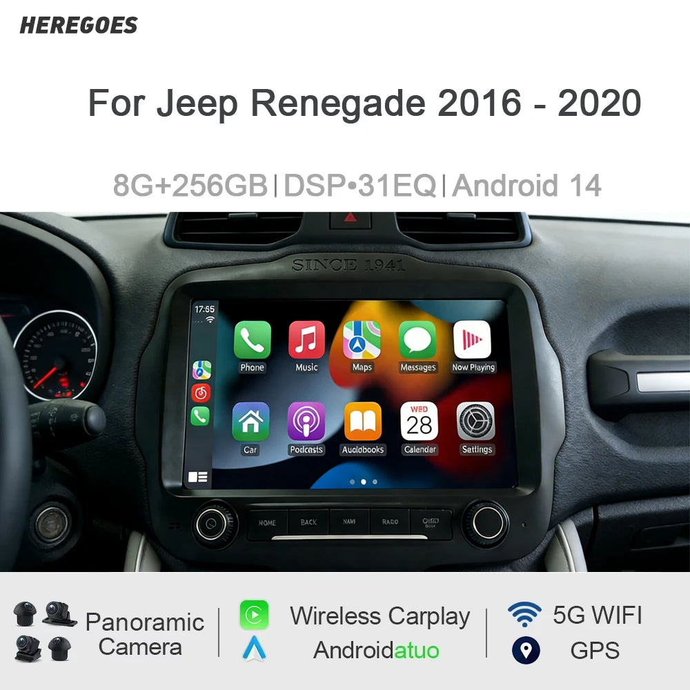 9" Car Radio GPS Android 15 8 Core 12GB RAM 256GB ROM CarPlay DSP Multimedia Player for Jeep Renegade 2016-2020 - High P