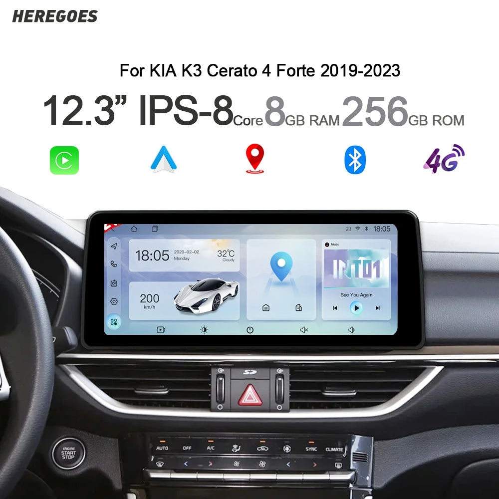 12.3" Car Radio GPS Android 14 8+256GB Carplay DVD Player WiFi Bluetooth Autoradio for Kia K3 Cerato 4 Forte 2019 2020-2