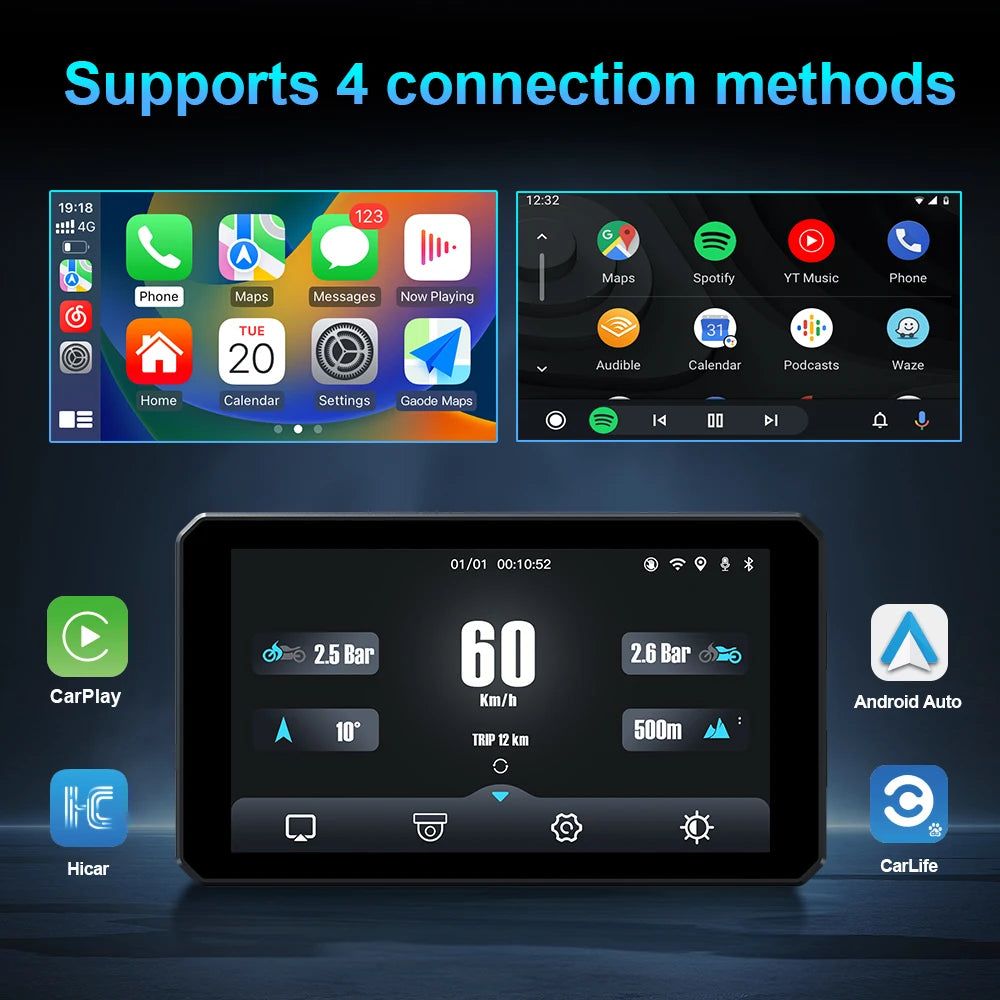 CARABC 7 inch Portable Wireless Carplay Android Auto Motorcycle GPS Navigation IP68 Waterp