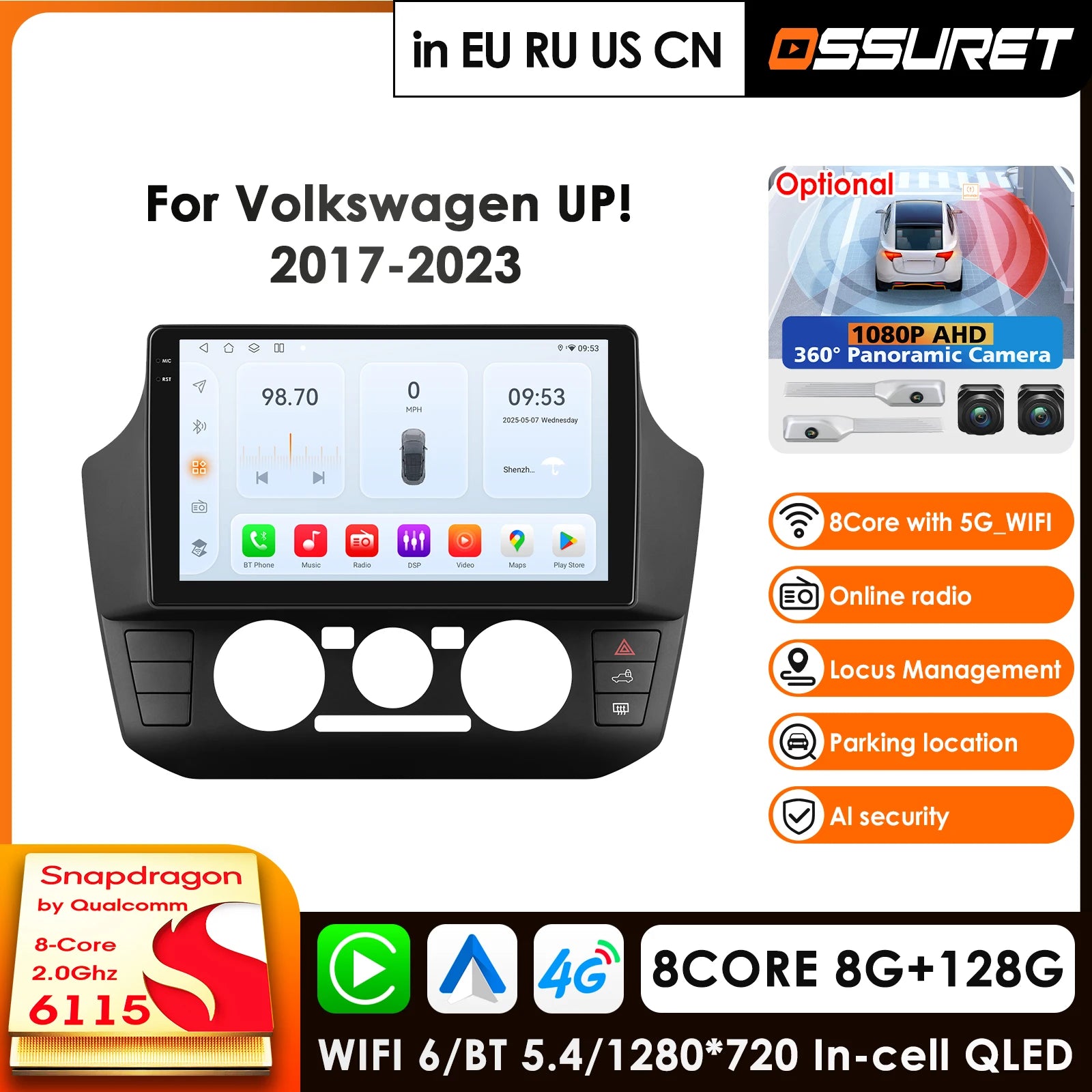 12.3" Android 14 Car Radio GPS for Volkswagen UP! 2017-2023 Manual A/C - Multimedia Video Player Carplay 4G BT