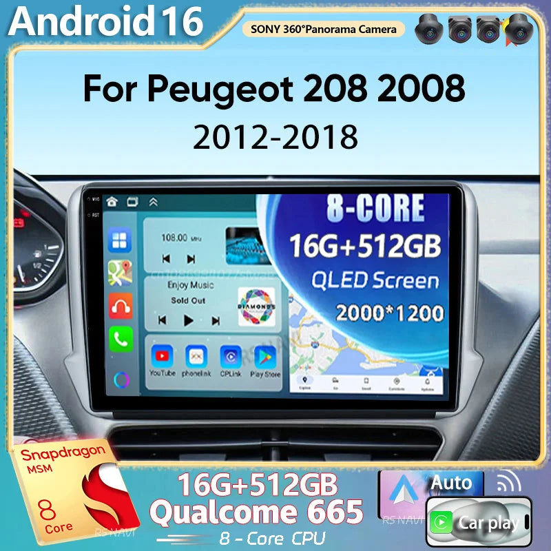 Android 16 For Peugeot 208 2008 2012-2018 2K QLED Android Car Radio Multimedia Video Playe