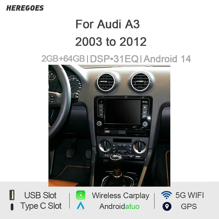7" Android Car Radio GPS Type-C Wireless CarPlay Auto Android Auto for Audi A3 2003-2012 Bluetooth Steering Control