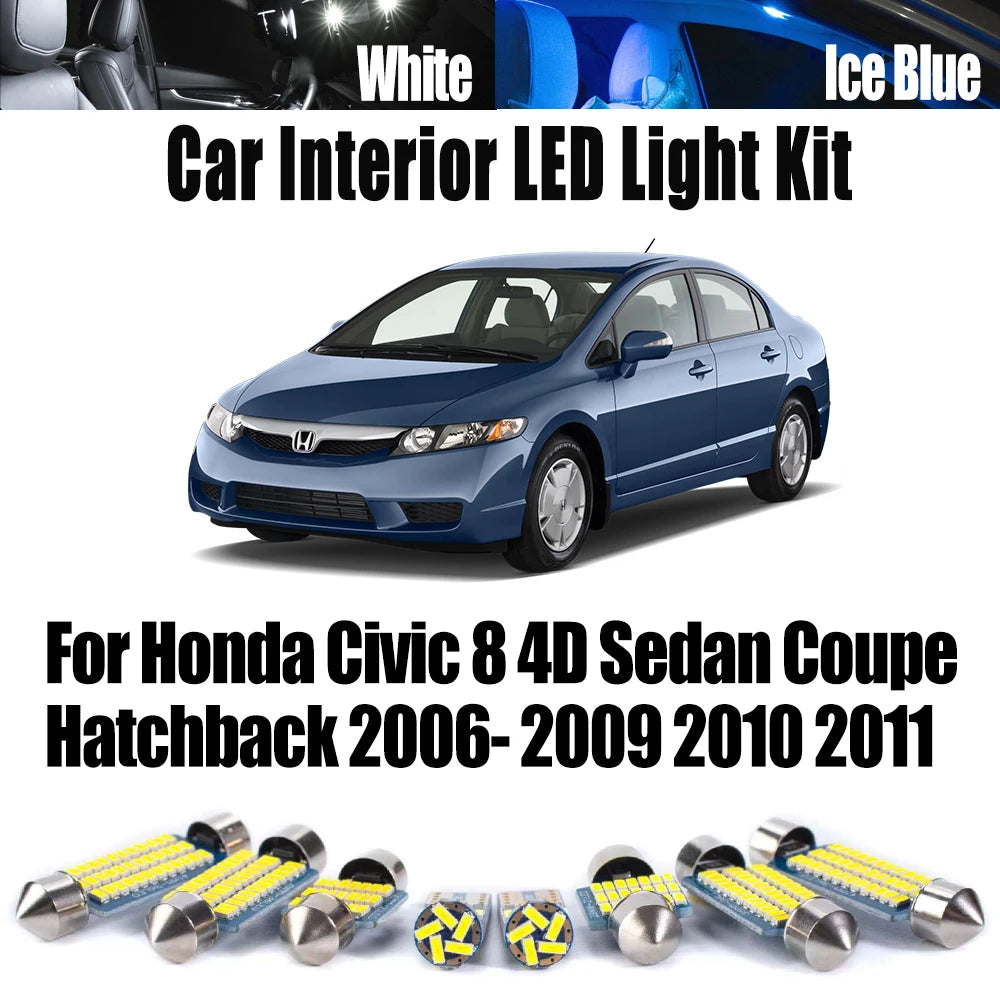 8-Piece LED Interior Light Kit for Honda Civic 8 4D Sedan Coupe Hatchback 2006- 2010 - Canbus Dome Map Door Trunk Bul...